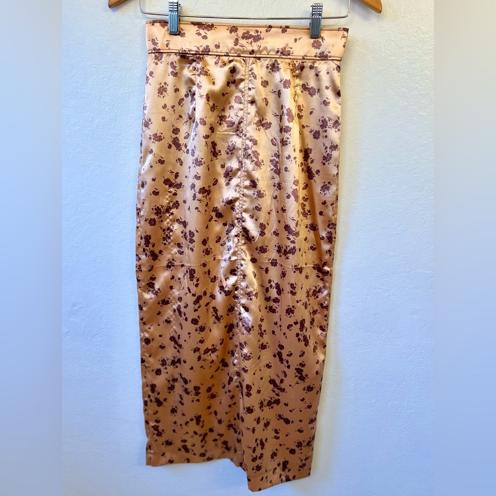 Zara Women’s Metallic Satin Floral Midi Skirt Back Slit Stretch XS